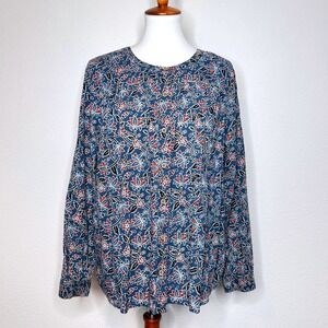 PURE JILL J. Jill Cotton Blend Blouse Blue Floral Collarless Long Sleeves Office